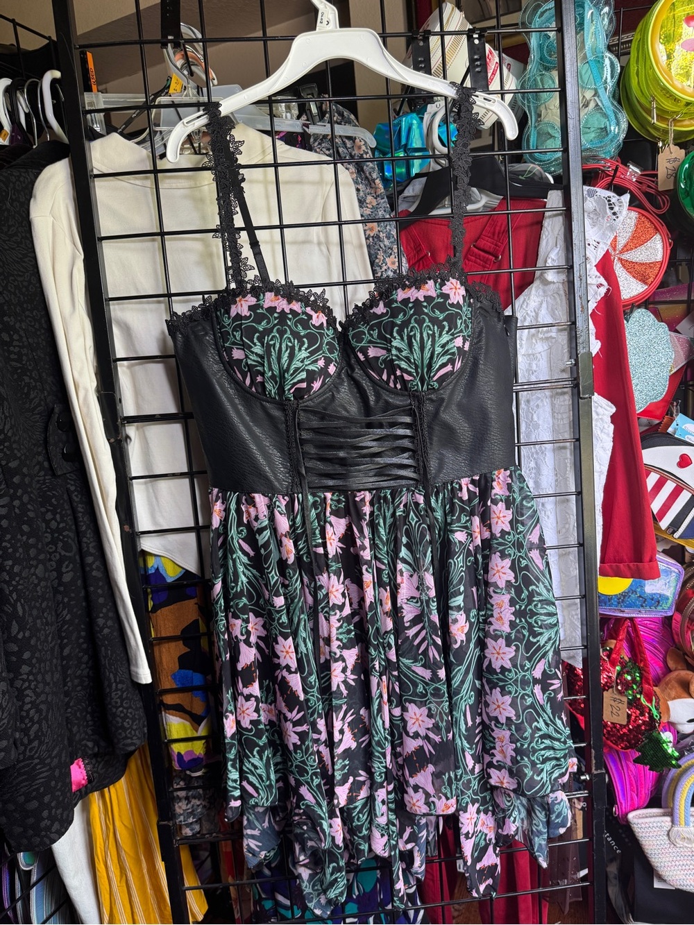 Dolls Kill WIDOW Black Floral Midi Dress with Pink & Green Print